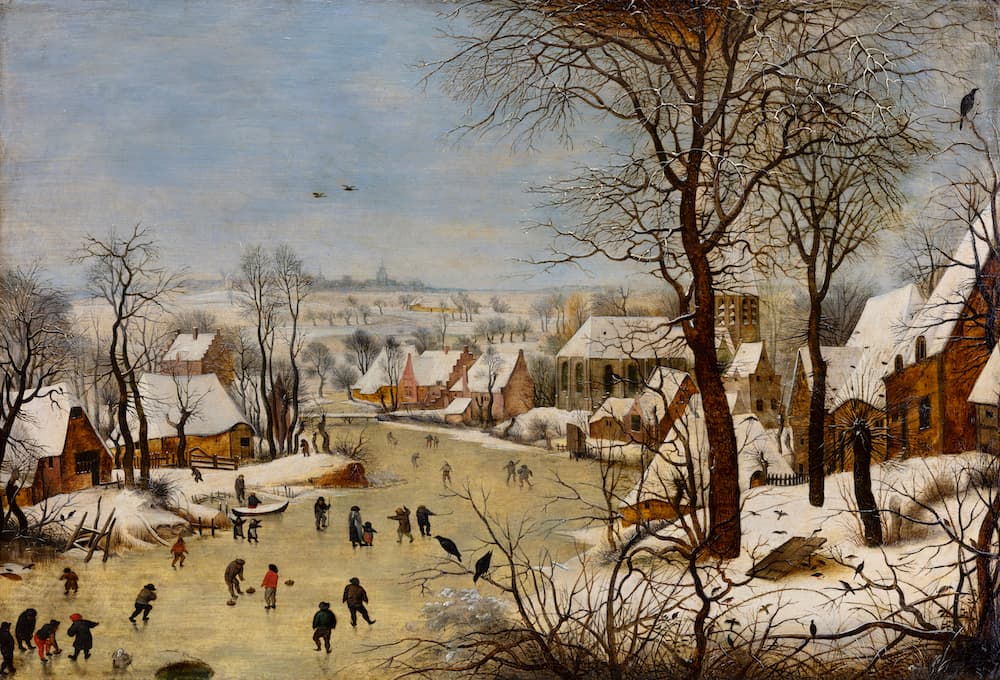 Pieter BRUEGHEL LE JEUNE (1564 -1638), Paysage hivernal à la trappe aux oiseaux, Panneau : 38 x 55,2 cm