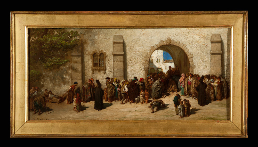 Gustave Doré (1832 - 1883), Distribution de pain dans un couvent en Espagne, Huile sur toile, 27 x 59 cm, 1878