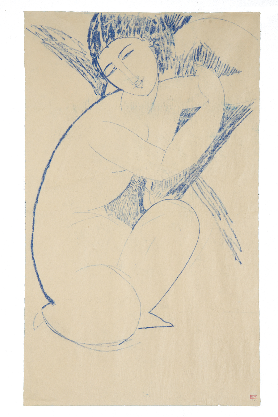 Amedeo MODIGLIANI (1884-1920), Nu accroupi, 1909, Crayon de couleur bleu sur papier