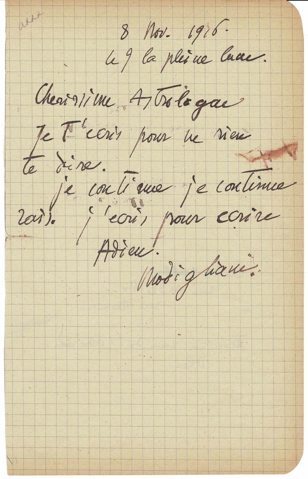 Modigliani, Autograph letter signed to the astrologer Conrad Moricand, 1916