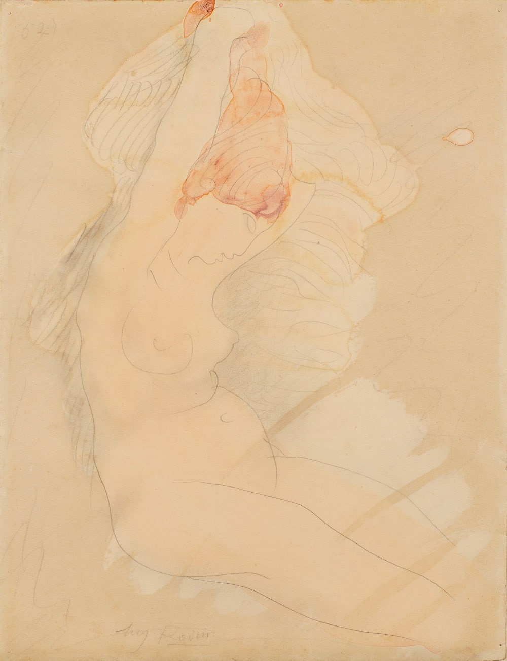 Auguste RODIN, Femme nue assise se coiffant, Aquarelle gouachée, crayon noir