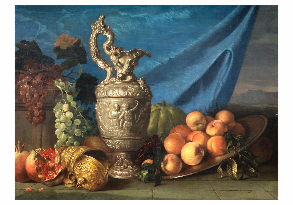 Meiffren Comte (Marseille 1630 - 1705), Nature morte et cruche à vin, huile sur toile 74,5 x 97cm