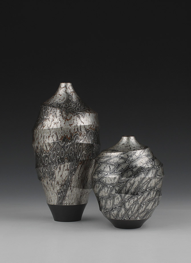 Silver and Mokume-gane vases, Okayama 2022 by Ryuhei Sako.