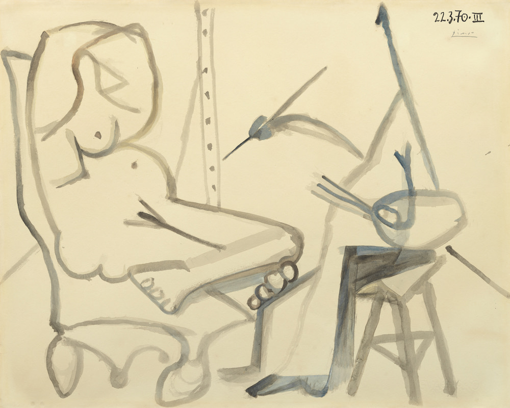 Pablo Picasso, Peintre et modèle (Painter and Model) Signed Picasso, dated 22.3.70. and numbered III (upper right), Ink wash on paper<br />
52 x 65.5 cm (20 1⁄2 x 25 3⁄4 in.), Executed on 22nd March 1970.