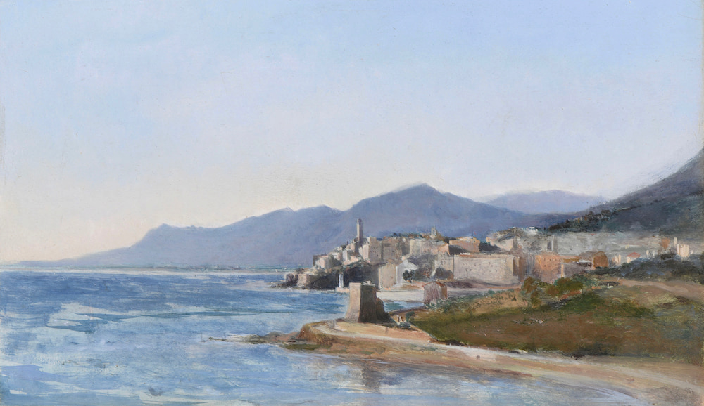 Louis-Auguste LAPITO, View of Bastia, Corse, 1827. Oil on cardboard. 19.2 x 32.4 cm.