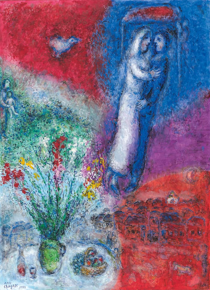 Marc CHAGALL, (1887 - 1985), Les Mariés, 1979, Tempera sur masonite, 110 x 80 cm