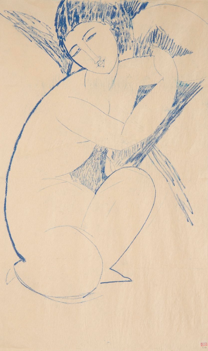 Amedeo Modigliani, Nu accroupi, 1909, Crayon de couleur bleu sur papier