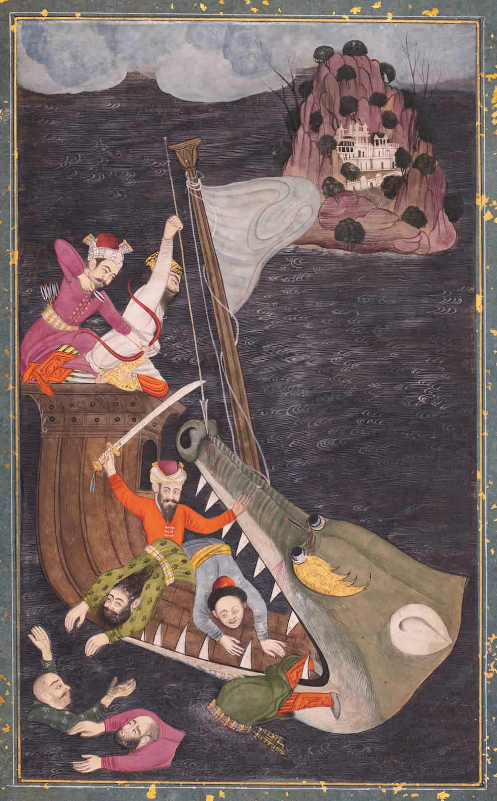 Un Léviathan attaque Hamza et ses hommes, Scène du Dastan-i Amir Hamza, Inde, Rajasthan, Bikaner, vers 1680.