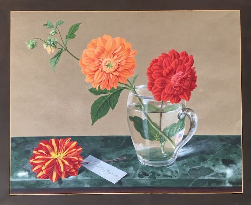 Francesco MARITI, Two dahlias in a transparent cup on a marble ledge and a third inserted in a card, 1845