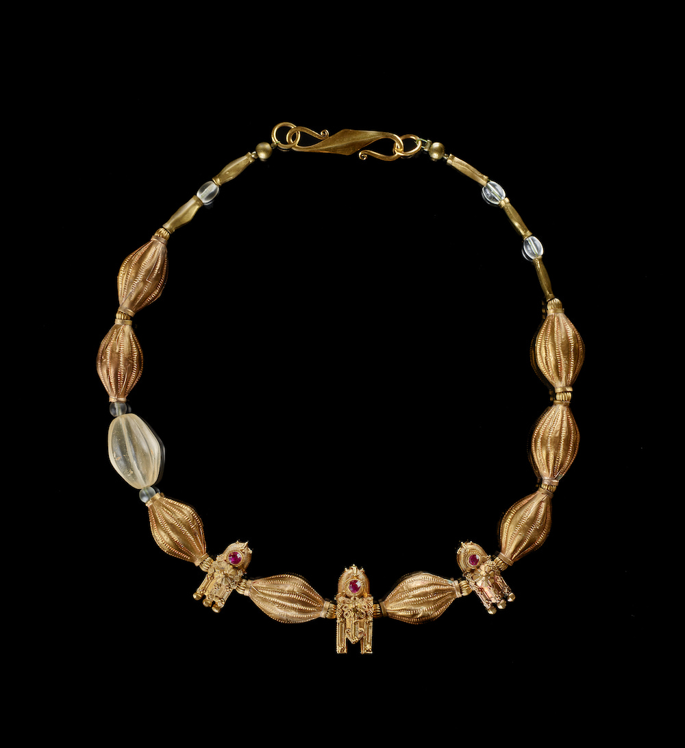 Three gold thali, Series of gold and rock crystal Indian beads