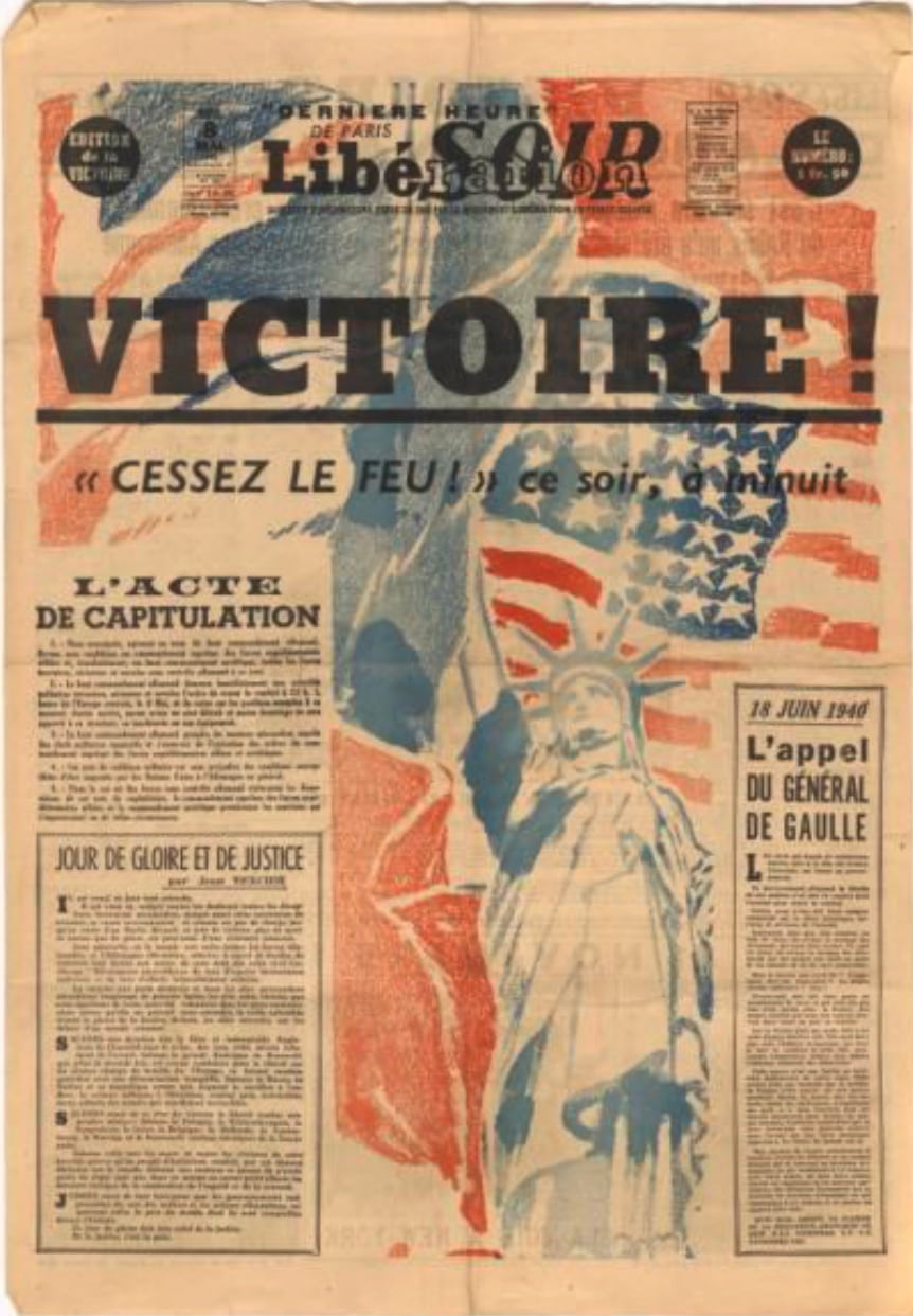 Une de journal du 8 mai 1945 © Paris Musées / Musée de la Libération de Paris – musée du général Leclerc – musée Jean Moulin
