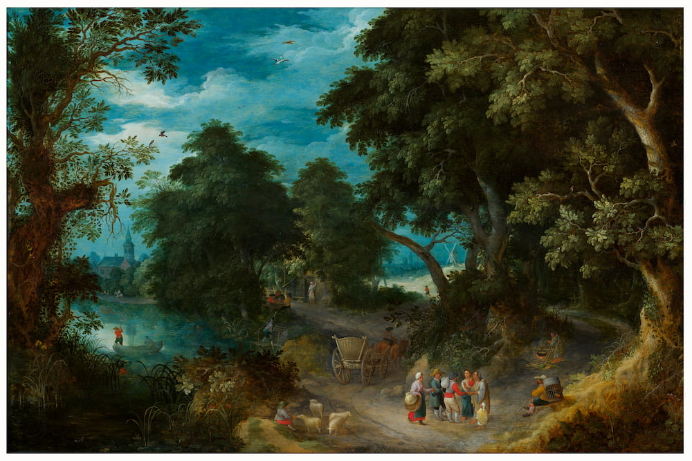 Abraham Govaerts (1598-1626) Paysage boisé et voyageurs, Huile sur panneau, 52 x 84,5 cm
