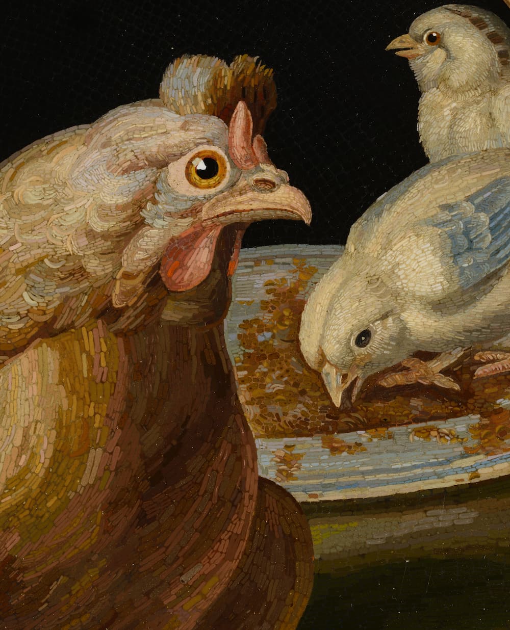 Chicken and its chicks, Picture in micromosaic and gilted wood frame, 19th century around 1860, Rome 68 cm x 80 cm