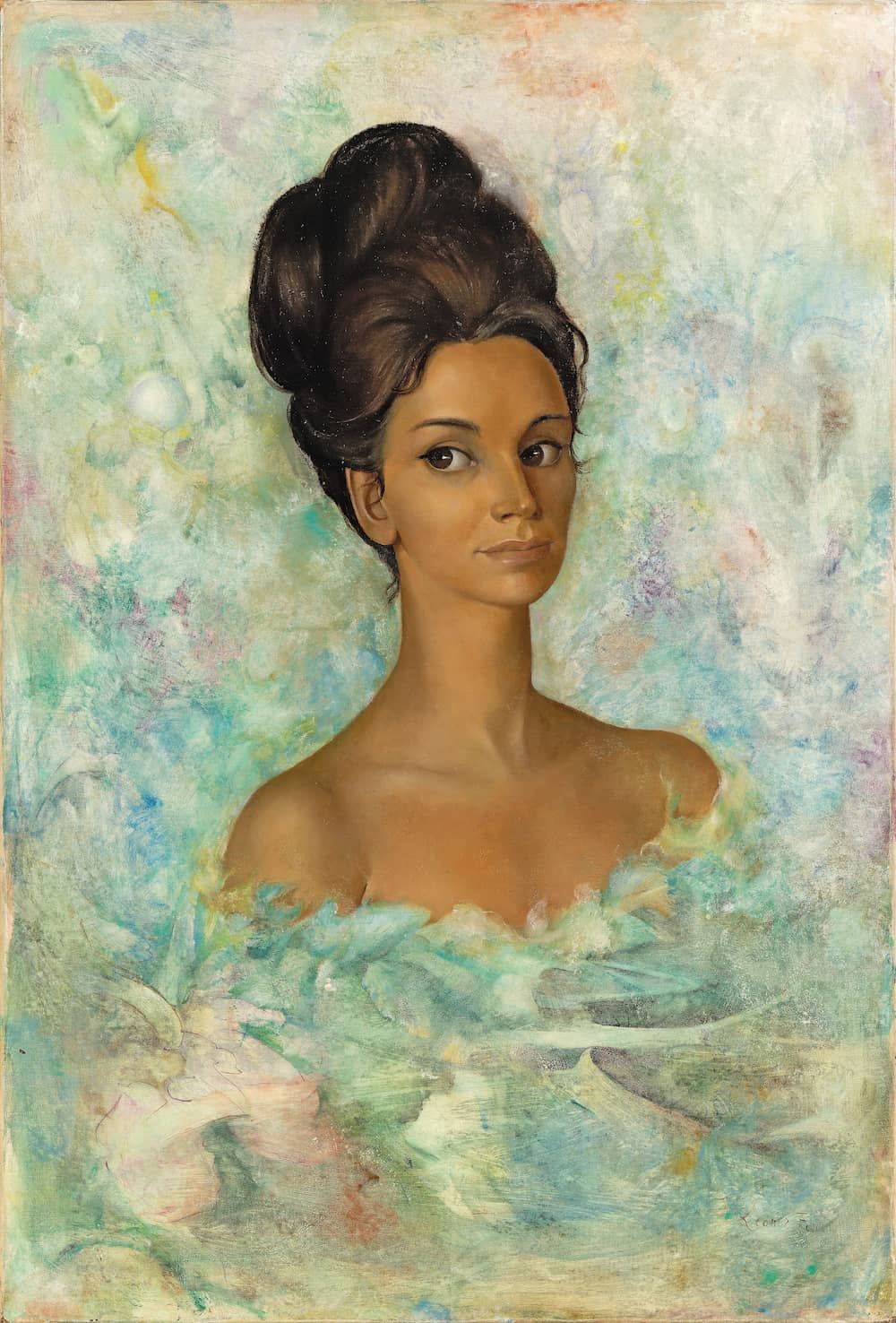 Léonor Fini (1907 - 1996) Portrait de la comtesse Ljuba Rizzoli Huile sur toile, signée en bas à droite. 80 x 55 cm