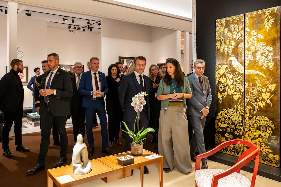 M. Emmanuel Macron, President of the Republic, with Mrs. Julie Blum, who presents him the booth of Galerie Anne-Sophie Duval